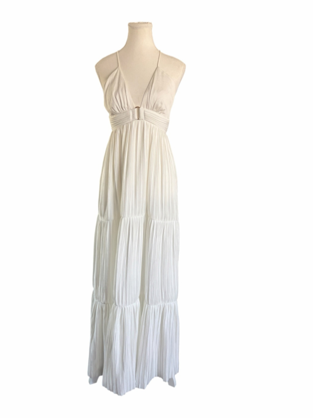 ba&sh Wasta Tiered Pleated Maxi Dress White Bridal Open Back Gold Ring NWOT Sm - Picture 2 of 8